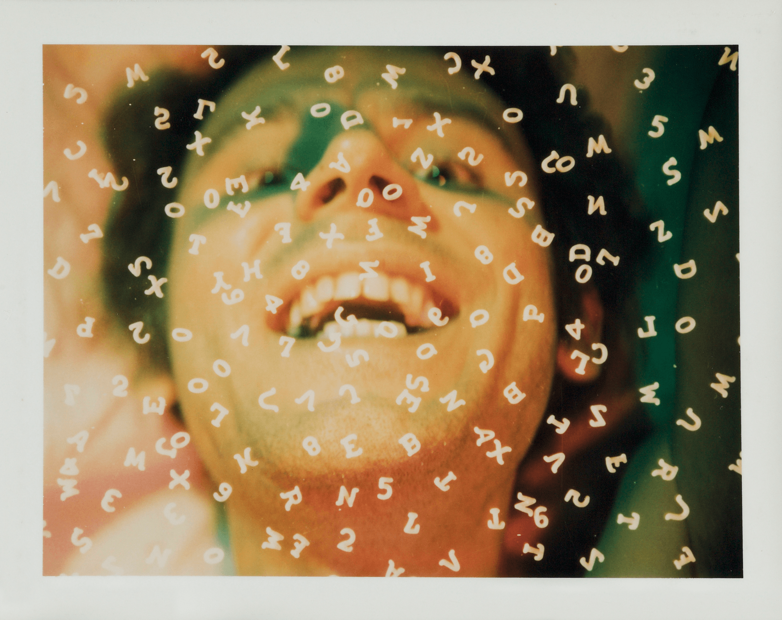 A close-up of a smiling person’s face is overlaid with floating letters and numbers, creating a surreal and abstract visual effect. The background is blurred, and the image is brightly colored.