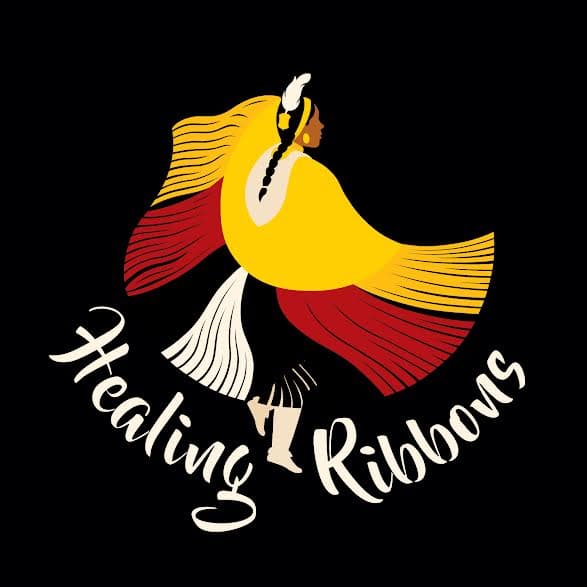 An illustration of an Indigenous woman in traditional regalia with flowing yellow and red ribbons. Below her, stylized text reads "Healing Ribbons" on a black background.