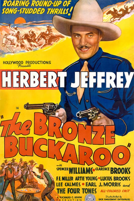 Colorful vintage movie poster for "The Bronze Buckaroo" featuring Herbert Jeffrey in a cowboy hat and suit, with illustrations of cowboys on horses and bold yellow and orange text.