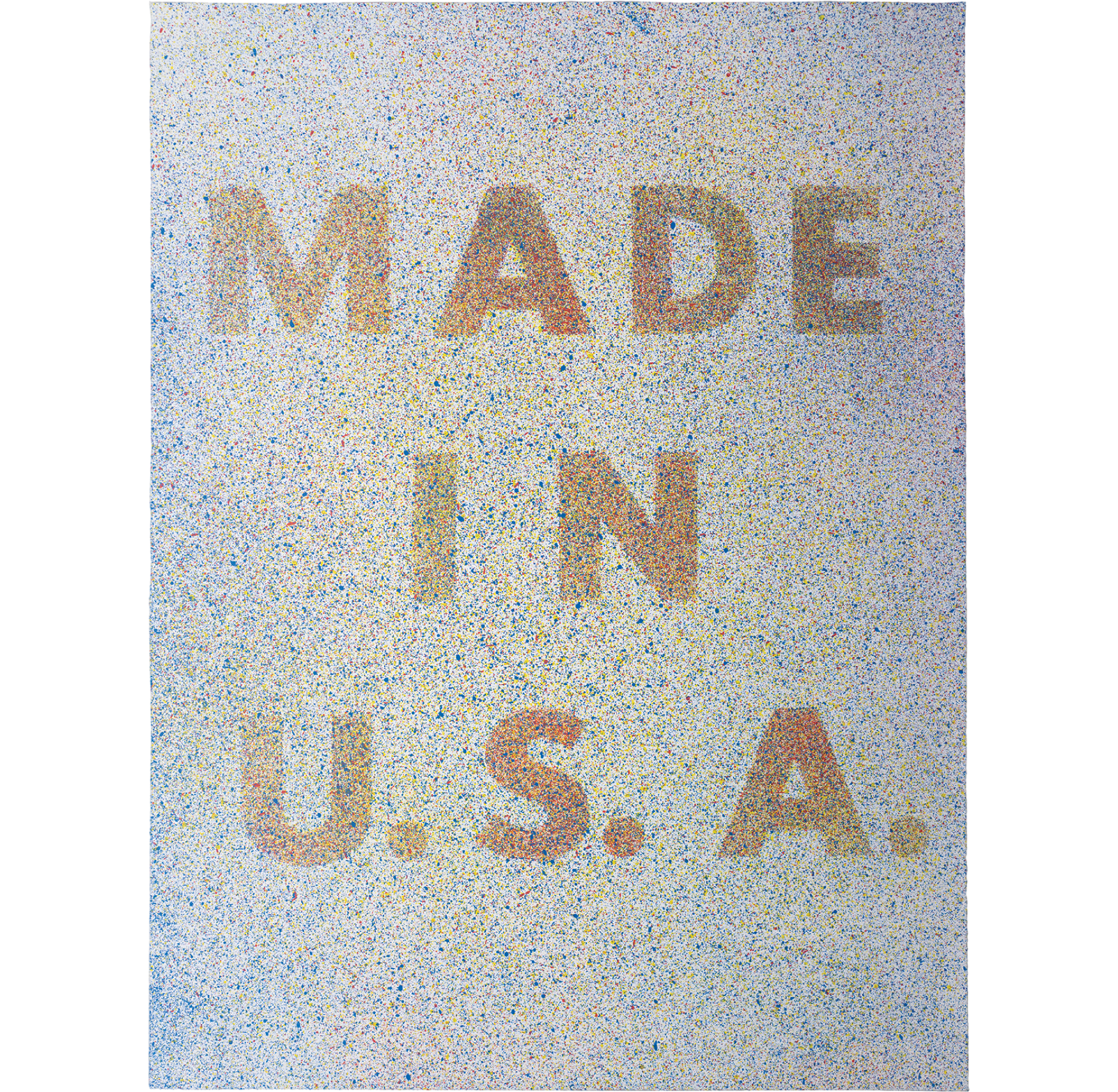 Text reading "MADE IN U.S.A." is formed in large capital letters using a dot pattern. The background is densely speckled with many tiny multicolored dots, creating a textured, pointillist effect.
