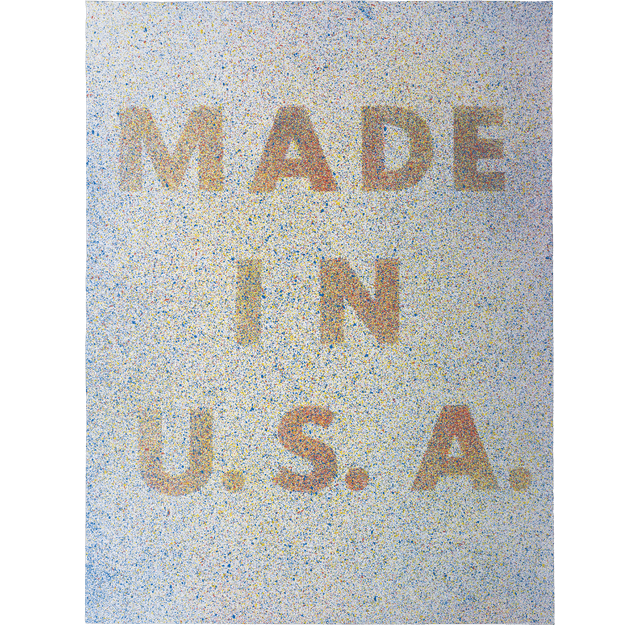 Text reading "MADE IN U.S.A." is formed in large capital letters using a dot pattern. The background is densely speckled with many tiny multicolored dots, creating a textured, pointillist effect.