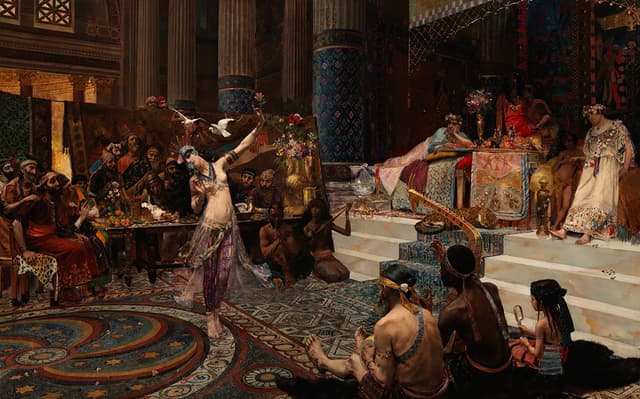 A dancer performs for an opulent ancient court; musicians play, people watch, and a king reclines on a throne surrounded by attendants, all amid lavish, detailed décor and patterns.