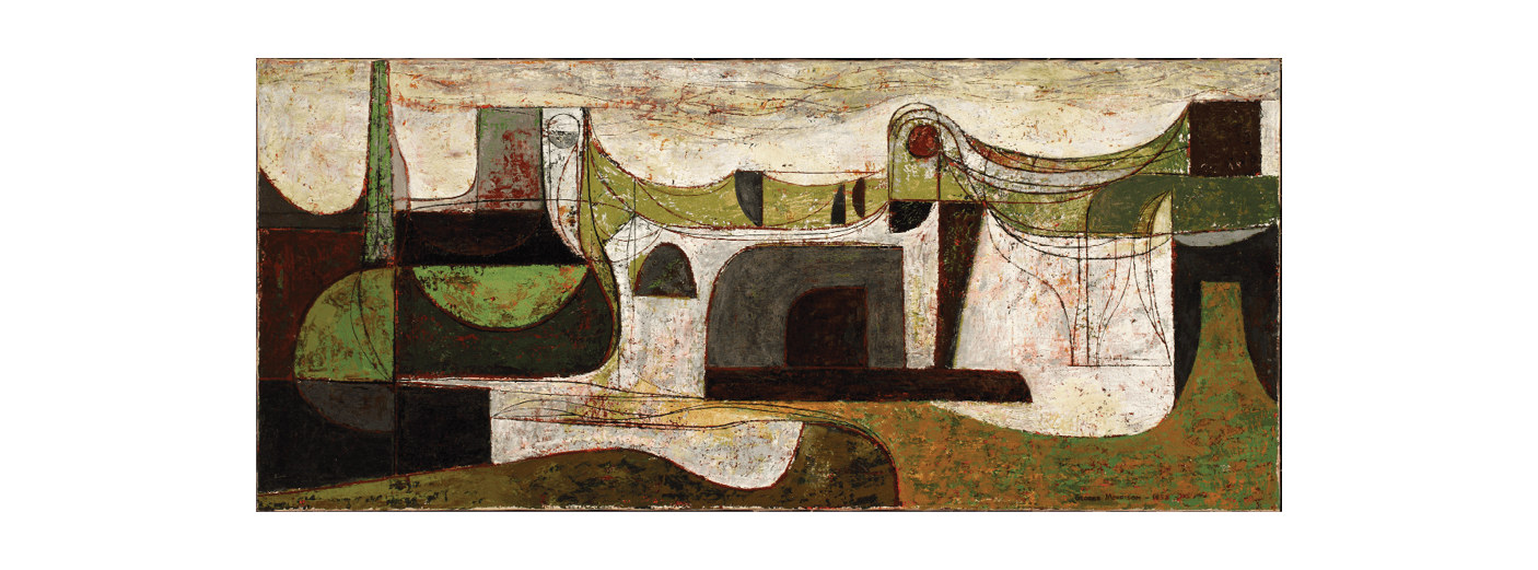 Abstract painting featuring geometric shapes in earthy tones of green, brown, and white. Curved and angular forms overlap with textured surfaces, creating a sense of depth and movement. An arch and draped lines add dynamic contrast.