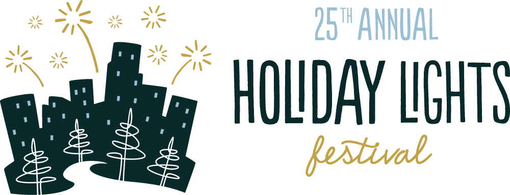 Illustration of a city skyline with stylized fireworks and small decorated trees. Text reads "25th Annual Holiday Lights Festival.