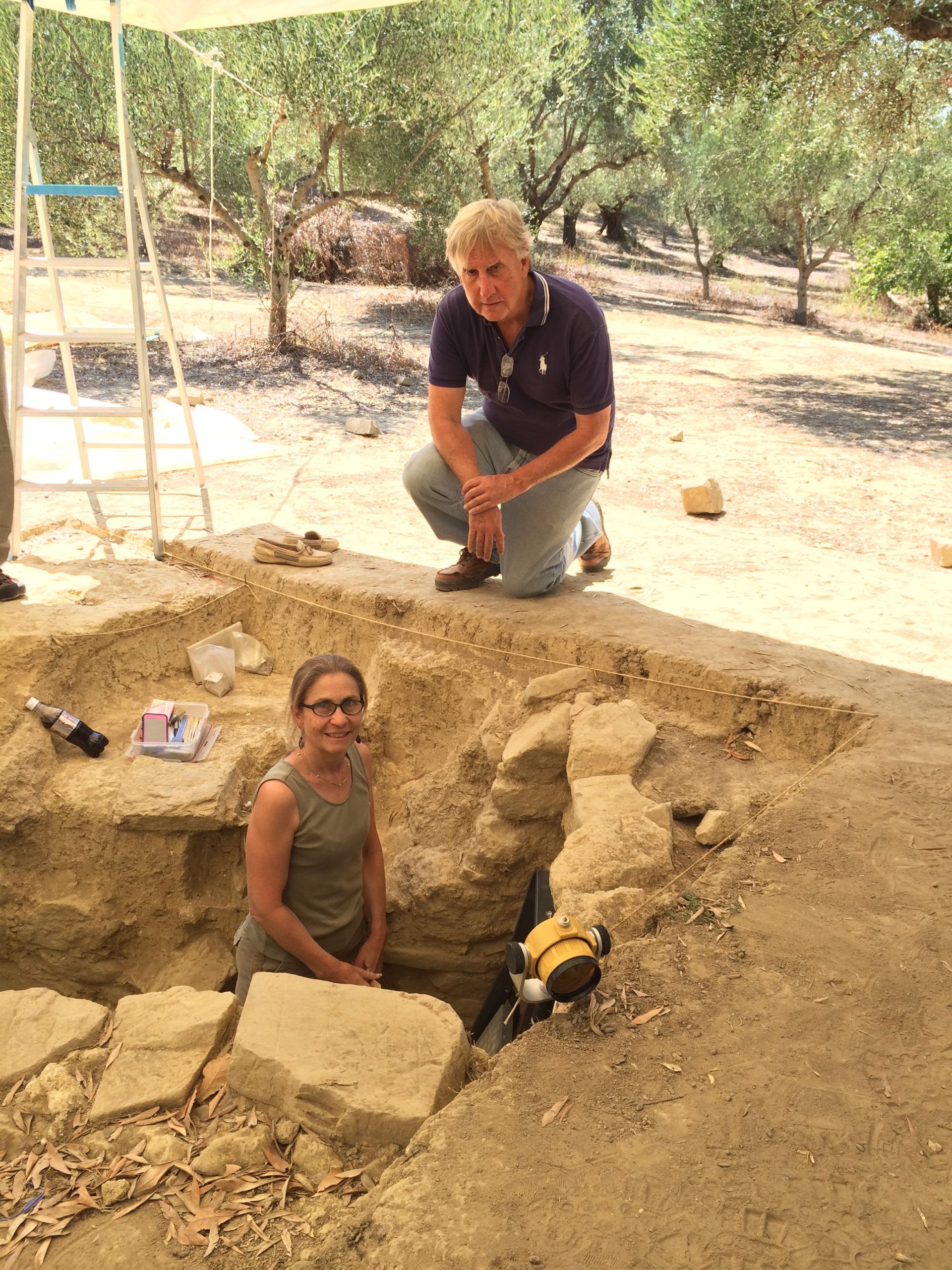 Two people at an archaeological site. One is sitting in an excavation pit while the other crouches beside it. They are surrounded by dirt and tools, under a canopy, with a grove of trees in the background.