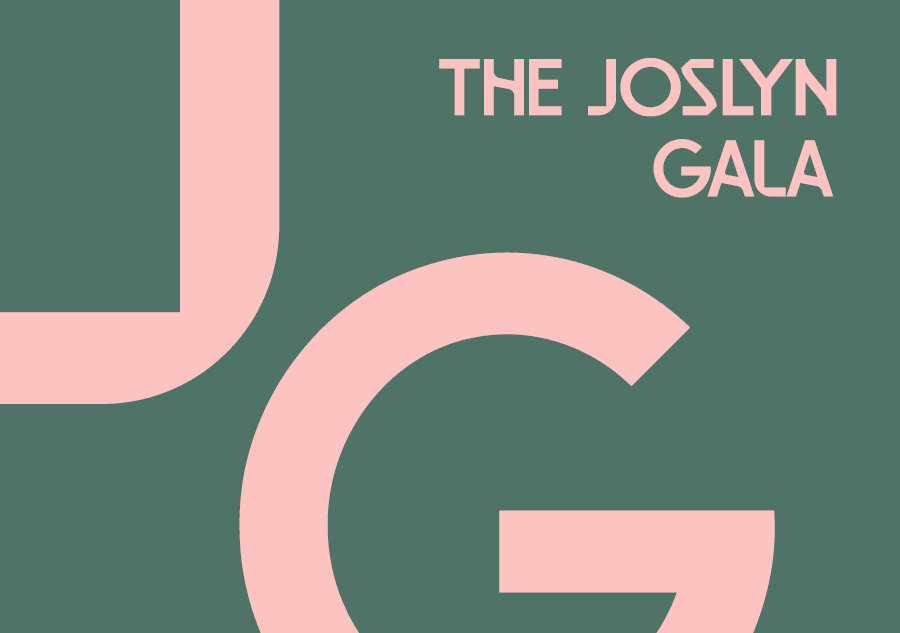 Pink geometric letters “J” and “G” on a muted green background, with text in the top right corner reading “THE JOSLYN GALA” in bold, modern uppercase font.