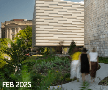 Three blurred figures walk along a garden path toward a modern, blocky building with layered stone textures. An older, classical building is visible in the background. Text reads "FEB 2025" in the lower left corner.