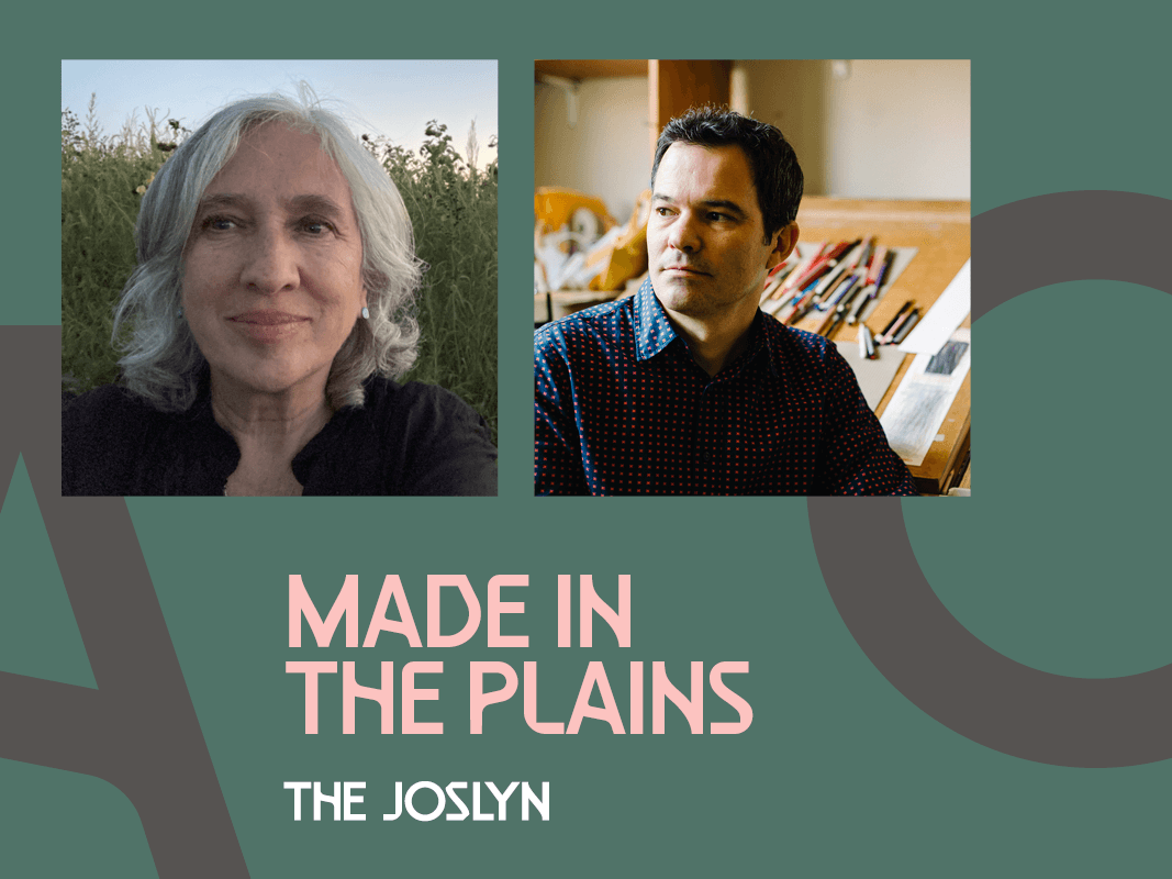 Side-by-side portraits of a woman with gray hair outdoors and a man with dark hair indoors. Text below reads "MADE IN THE PLAINS" and "THE JOSLYN" on a green background.