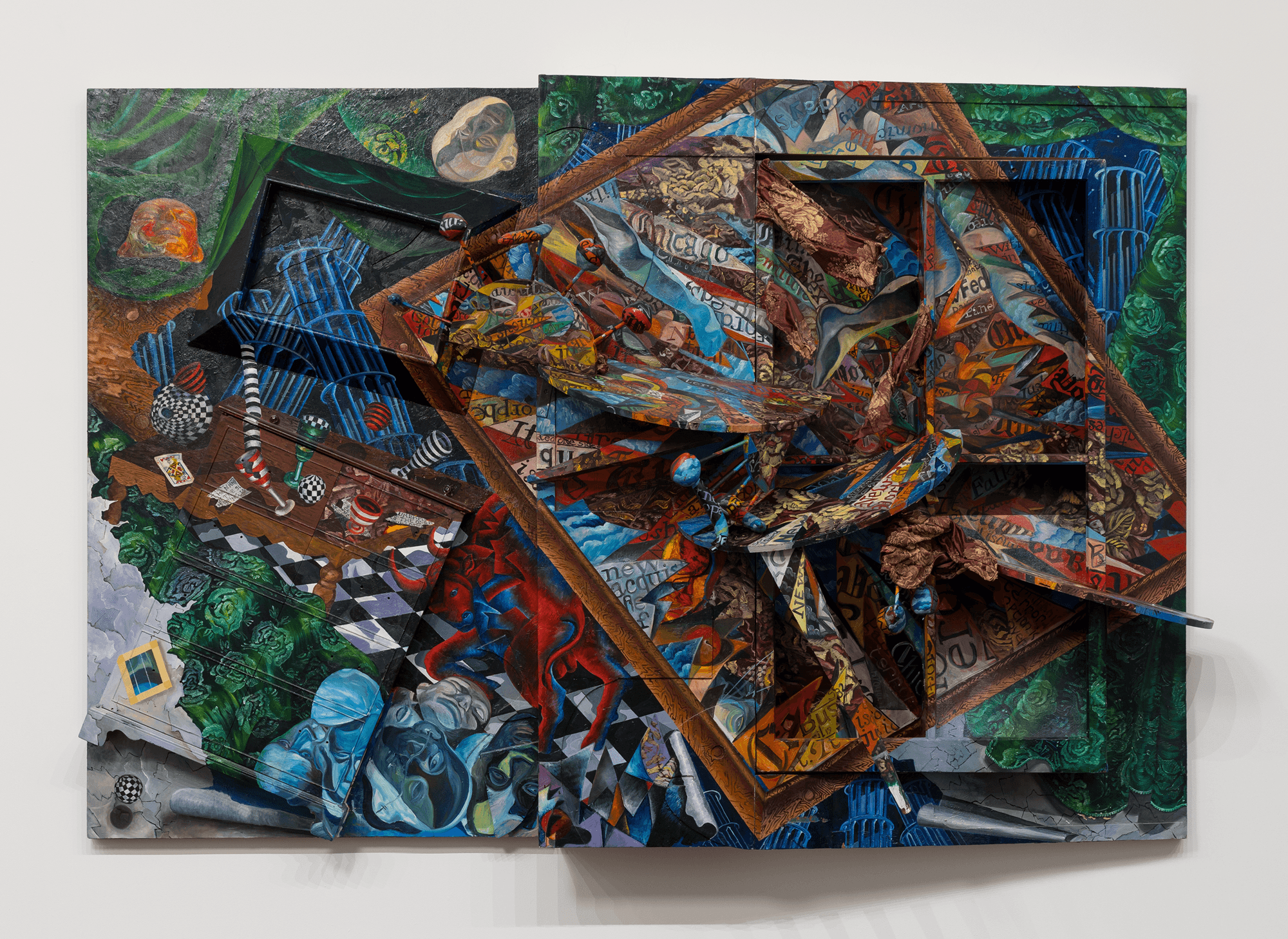 A vibrant, abstract mixed-media artwork featuring layered, fragmented shapes, bold colors, and intricate patterns, with overlapping geometric and organic forms creating a sense of depth, complexity, and visual movement.