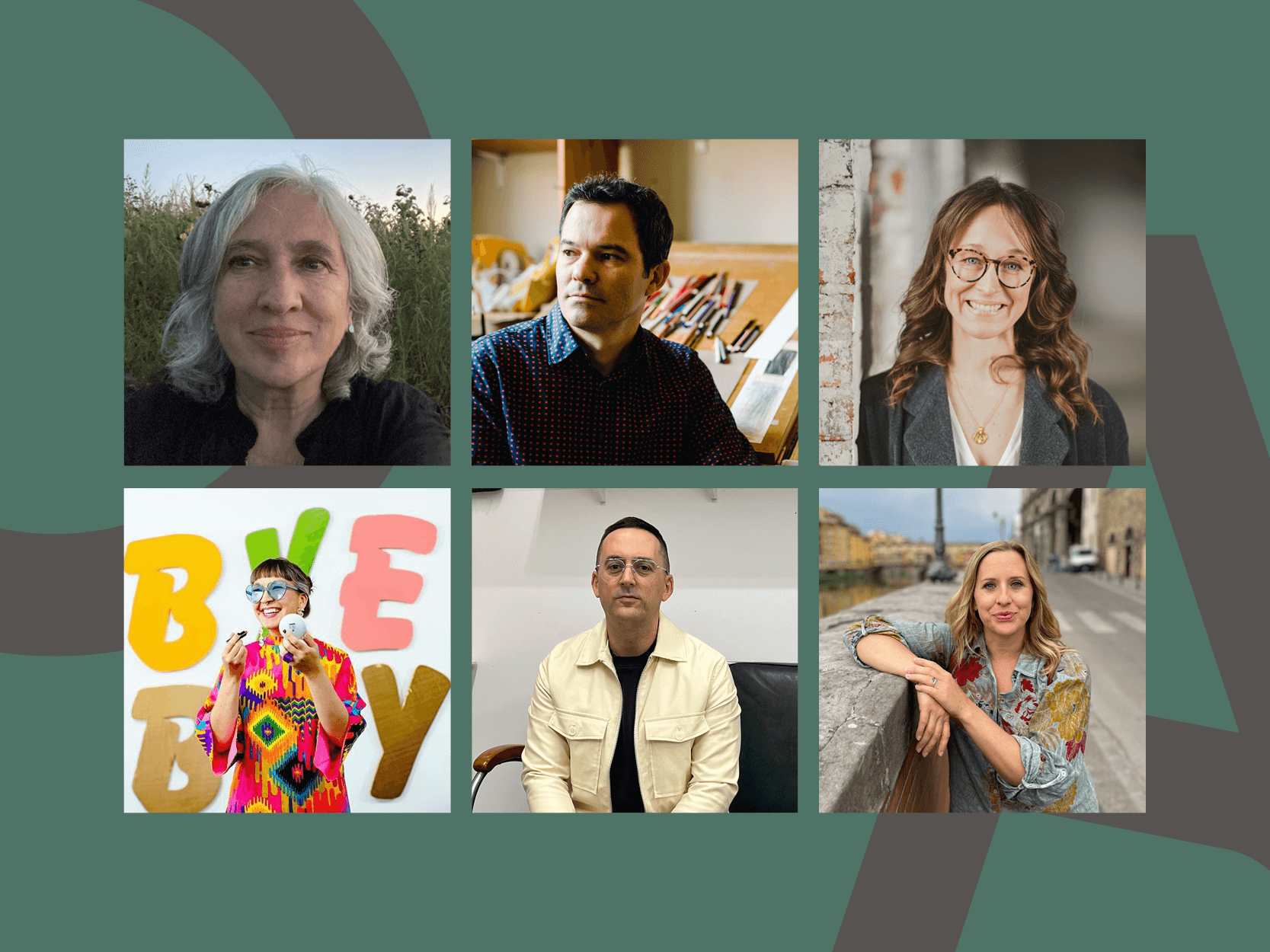 A collage of six portraits featuring three women and three men, each posed in different settings, arranged in two rows on a green background with abstract shapes.