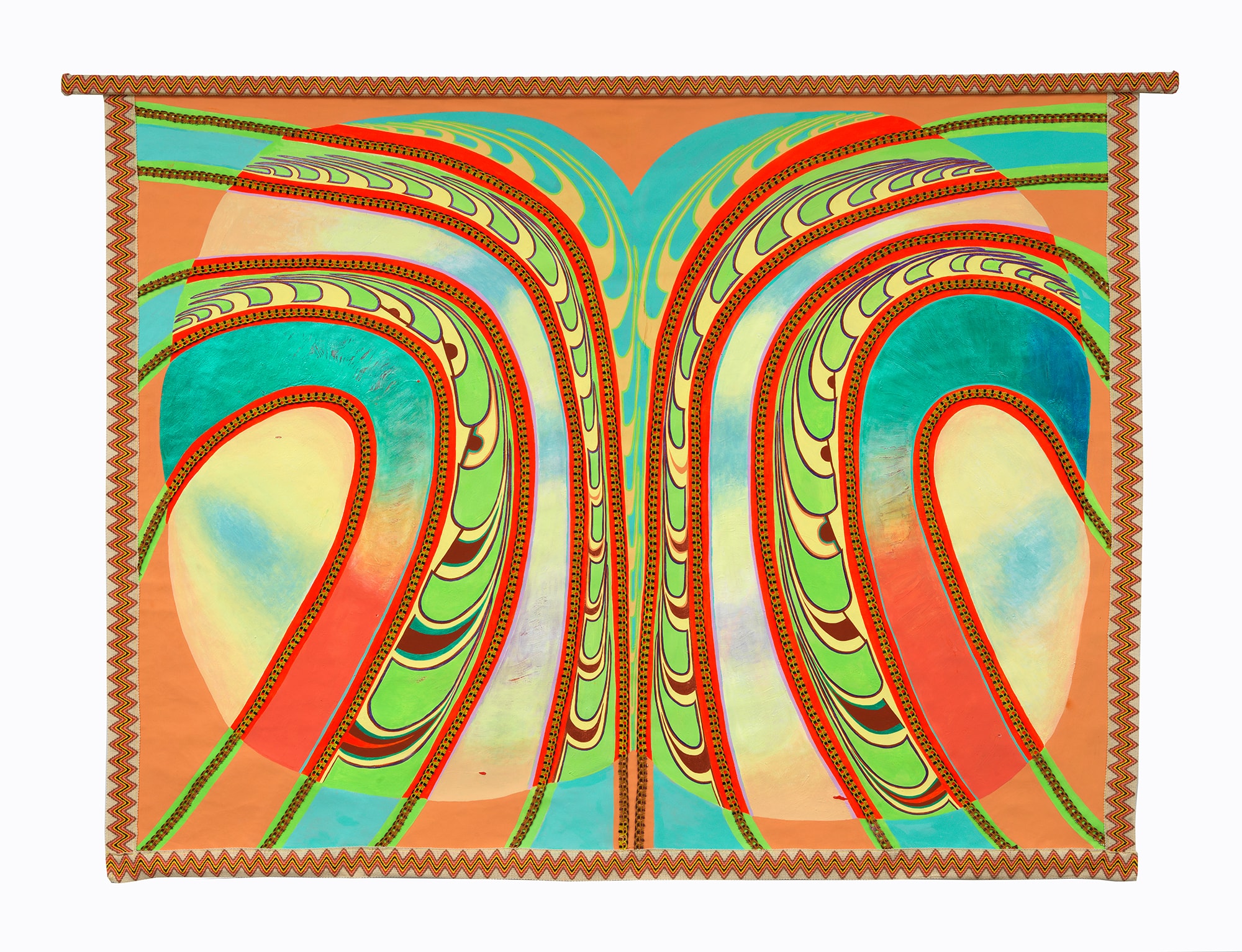 Abstract artwork featuring bold, curved lines in green, red, and yellow, forming mirrored patterns over a background of circular gradients in orange, teal, and blue, all bordered by a woven zigzag frame.