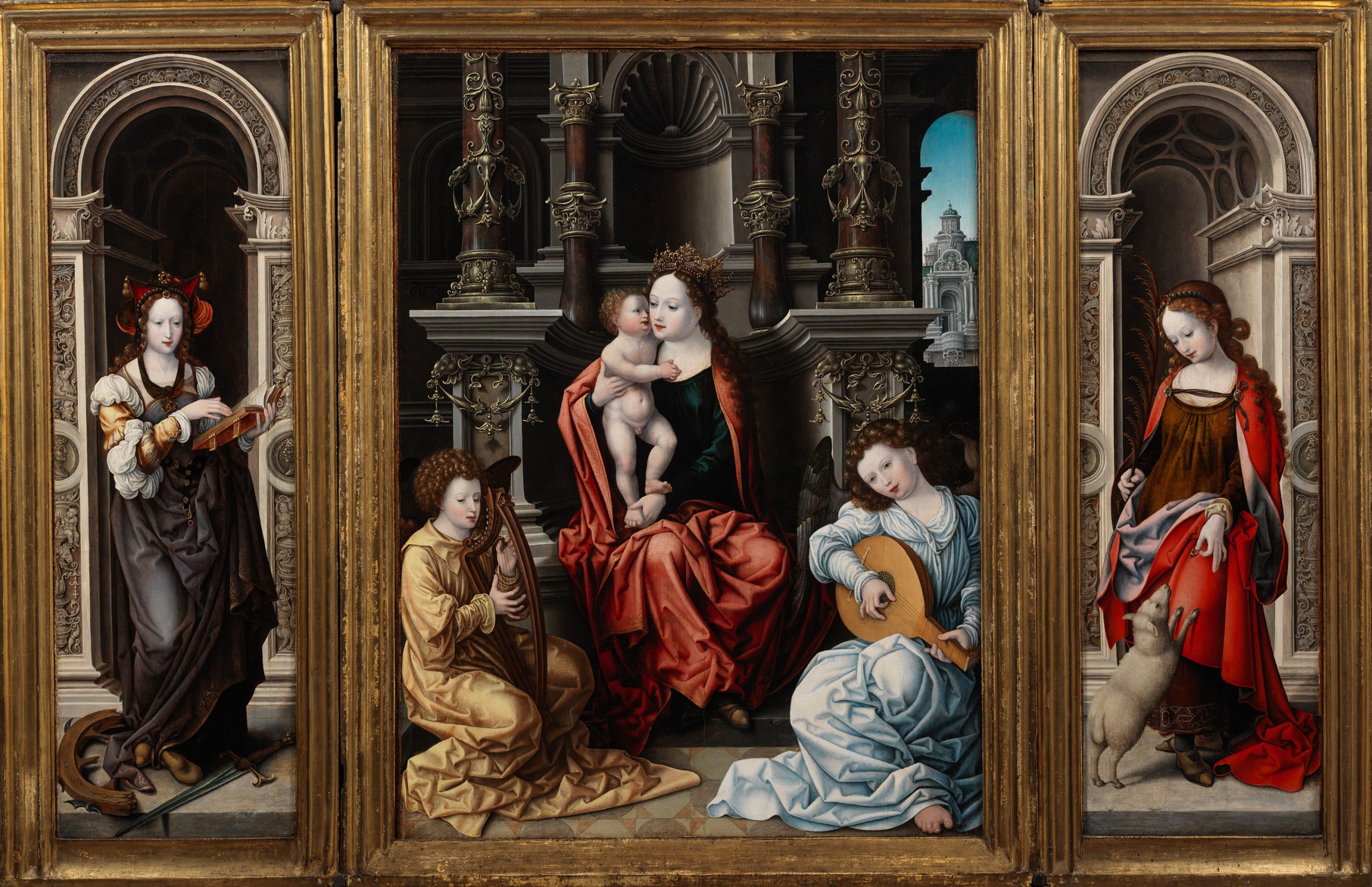 A Renaissance triptych painting featuring the Virgin Mary with baby Jesus in the center, flanked by two women each playing musical instruments, and two standing female saints holding symbolic objects.