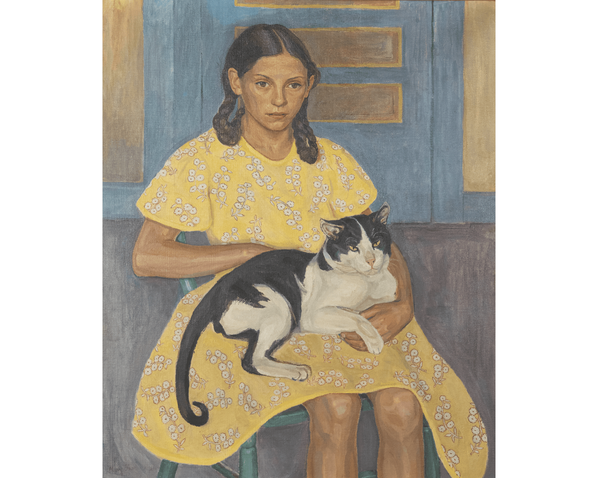 A young girl with brown hair in braids, wearing a yellow floral dress, sits on a green chair holding a black and white cat in her lap. She looks forward with a calm expression. Blue and brown background.