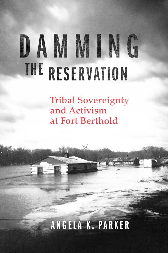 Black and white book cover showing flooded houses with trees in the background. Large text reads: "Damming the Reservation," and below: "Tribal Sovereignty and Activism at Fort Berthold." Author: Angela K. Parker.