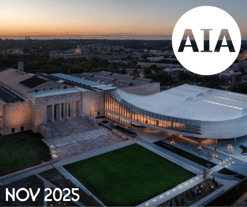 Aerial view of a modern and classical building with sweeping curves, green lawn, and sunset sky. "AIA" logo in a white circle and "NOV 2025" in bold text are overlaid on the image.