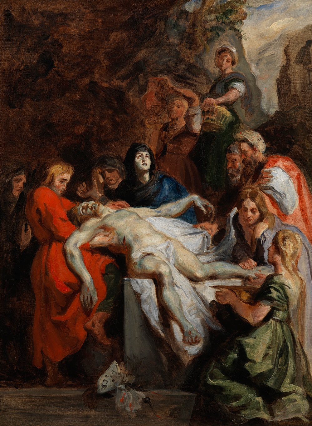 A group of people mourn and gather around the lifeless body of a man laid on a white cloth, with dramatic expressions and gestures, set against a dark and stormy background.