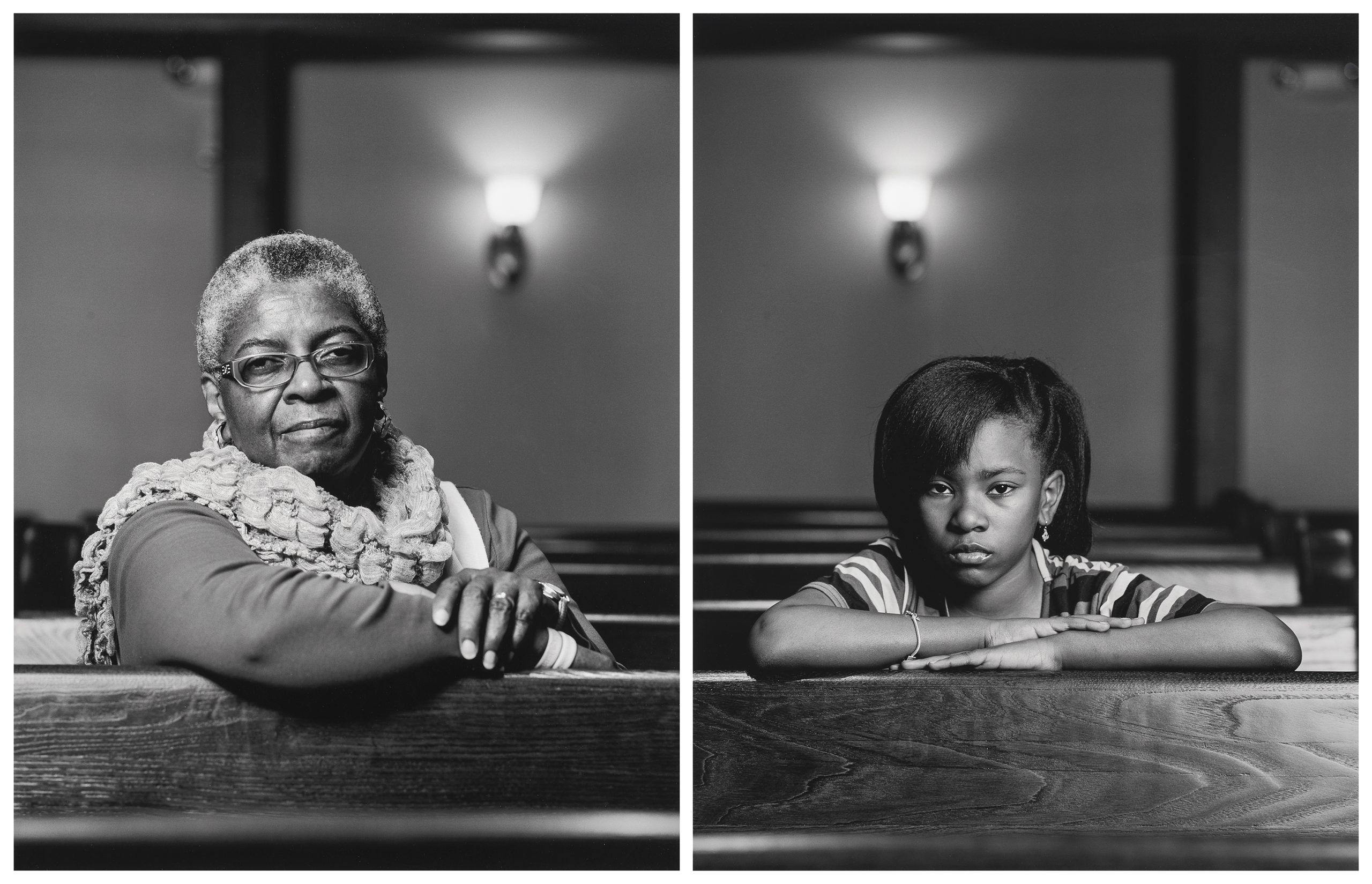 Black and white photo split in two: on the left, an older woman with glasses and a scarf sits in a pew, and on the right, a young girl sits in a pew, both looking directly at the camera in a church setting.