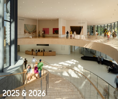 A modern, spacious museum lobby with curved wooden stairs, people walking and sitting, sunlight streaming through large windows, and contemporary art on display. The text "2025 & 2026" appears in the bottom left corner.