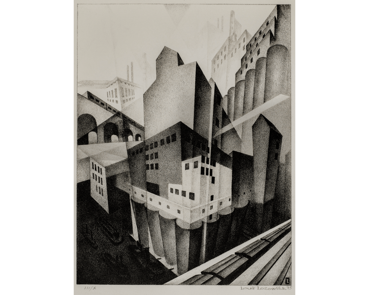Black and white artwork depicting tall, geometric buildings with sharp angles and deep shadows, creating a dizzying, abstract cityscape with overlapping structures and strong vertical lines.