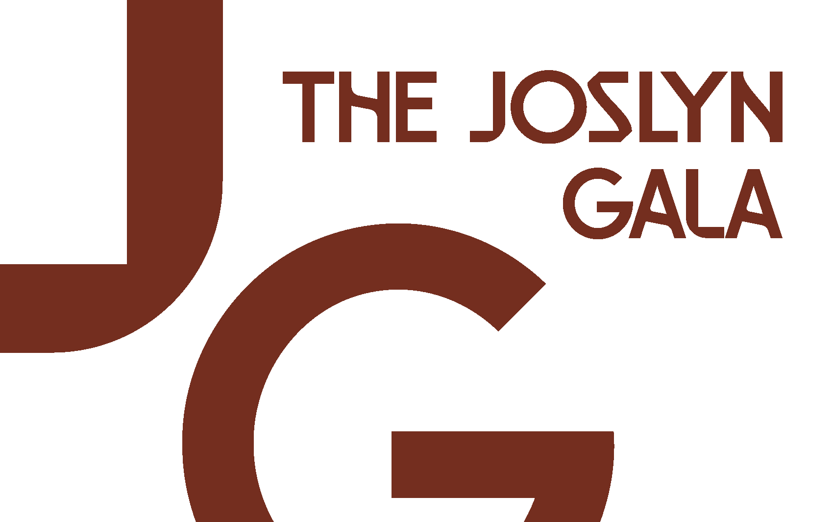 Logo for The Joslyn Gala, featuring large stylized letters "J" and "G" in brown, with the event name "THE JOSLYN GALA" written in uppercase brown letters to the right.