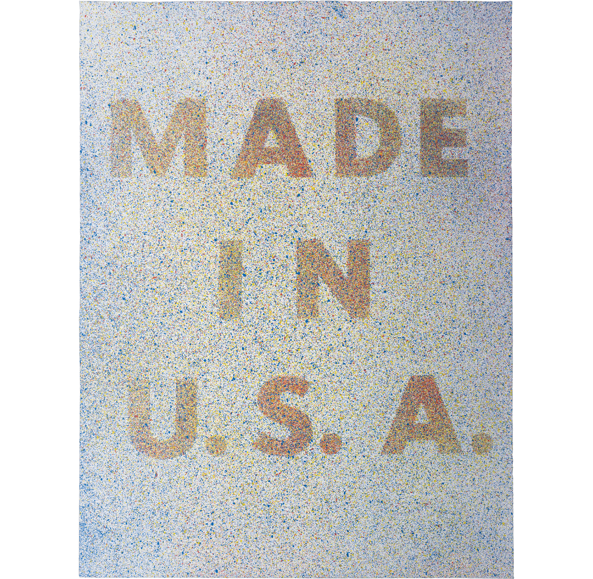 Text reading "MADE IN U.S.A." is formed in large capital letters using a dot pattern. The background is densely speckled with many tiny multicolored dots, creating a textured, pointillist effect.