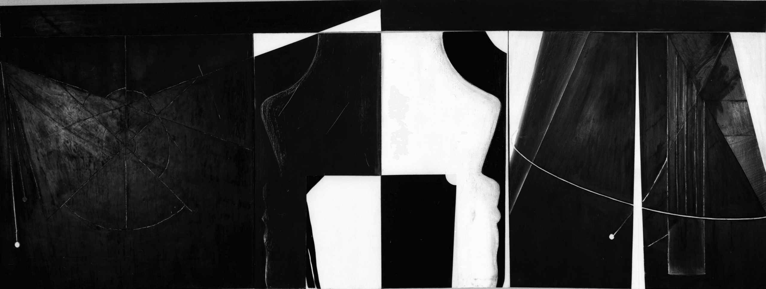 Abstract black and white artwork featuring geometric shapes, contrasting dark and light sections, sharp angles, curves, and intersecting lines. The composition is divided into panels with a bold central white space.