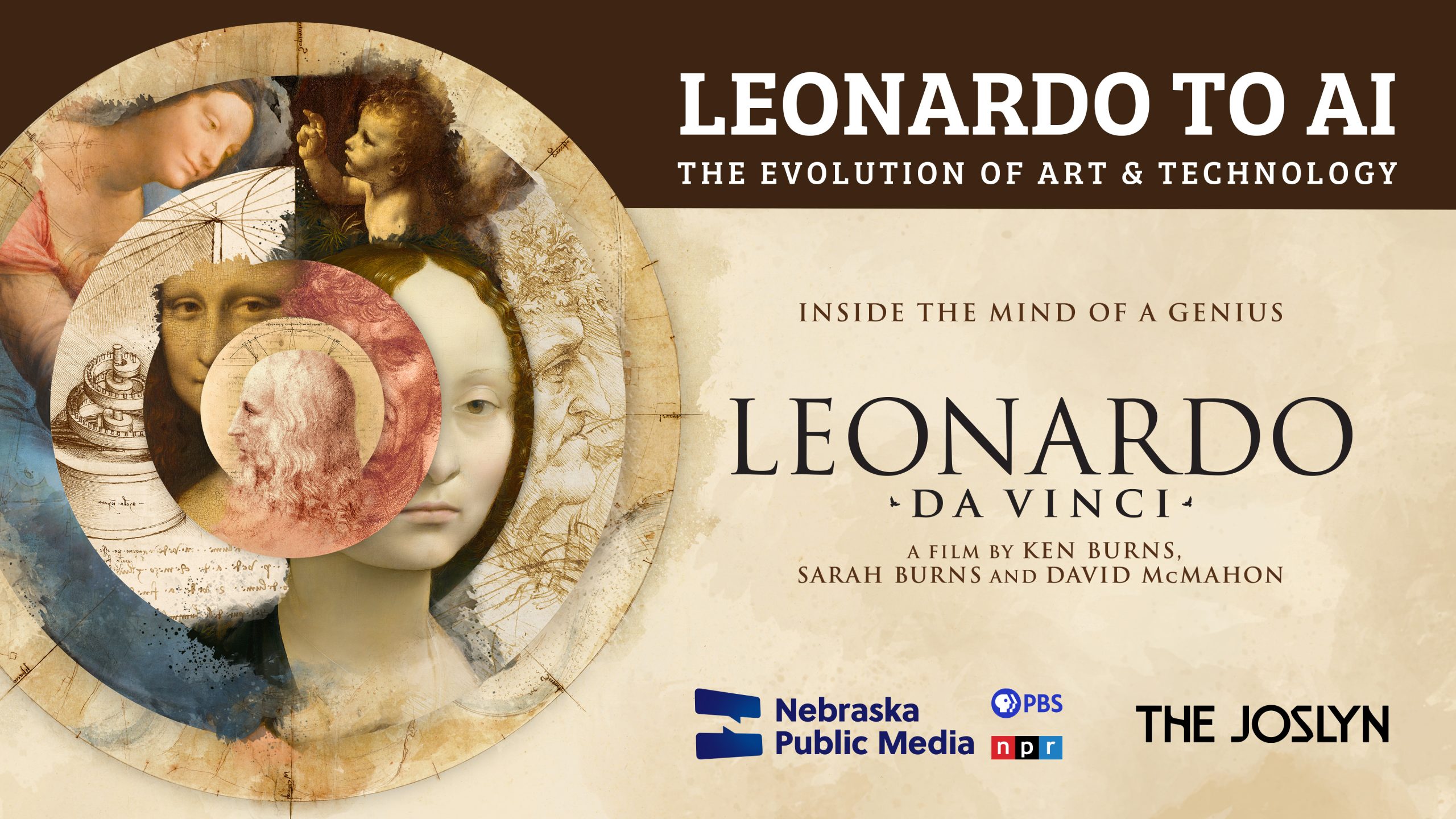 A promotional poster for the film "LEONARDO DA VINCI: Inside the Mind of a Genius." The poster features a collage of Da Vinci's sketches and portrait, with text detailing the film's examination of the intersection of art and technology. Logos for sponsors are at the bottom.