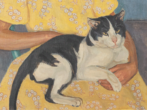 A black and white cat lounges comfortably on a person's lap. The person is wearing a yellow dress with white floral patterns, and their hands gently rest on the cat. The scene appears to be painted in a soft, realistic style.