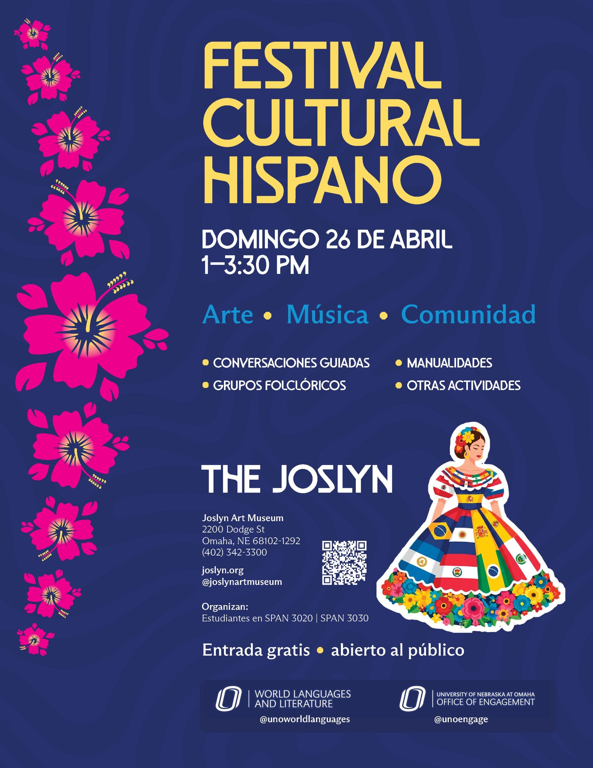 Poster for Festival Cultural Hispano with pink flowers on the left, event details, and a woman in traditional dress on the right. Includes program info, date (April 26), time, location (Joslyn Art Museum), and social media icons.