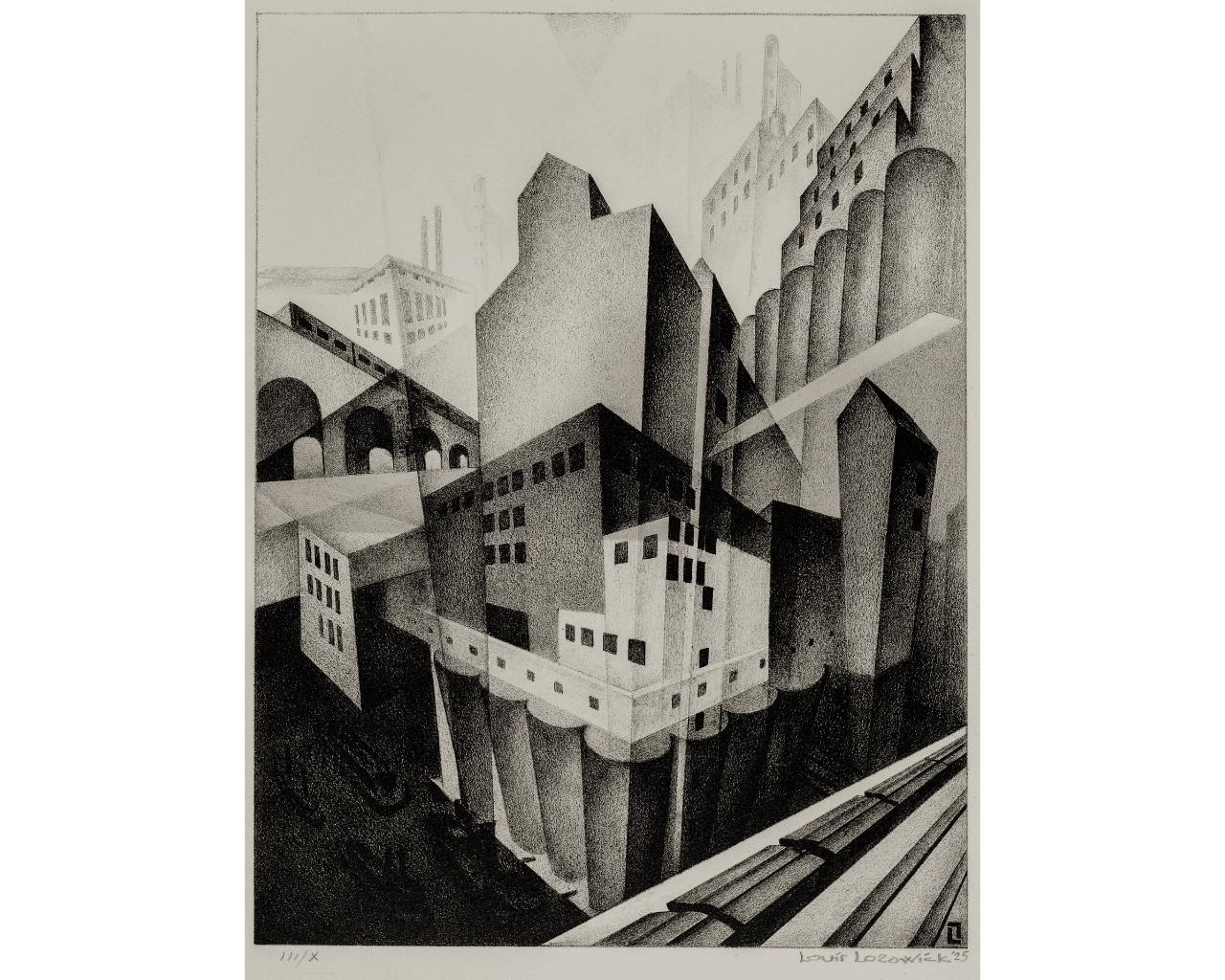 Black and white artwork depicting tall, geometric buildings with sharp angles and deep shadows, creating a dizzying, abstract cityscape with overlapping structures and strong vertical lines.