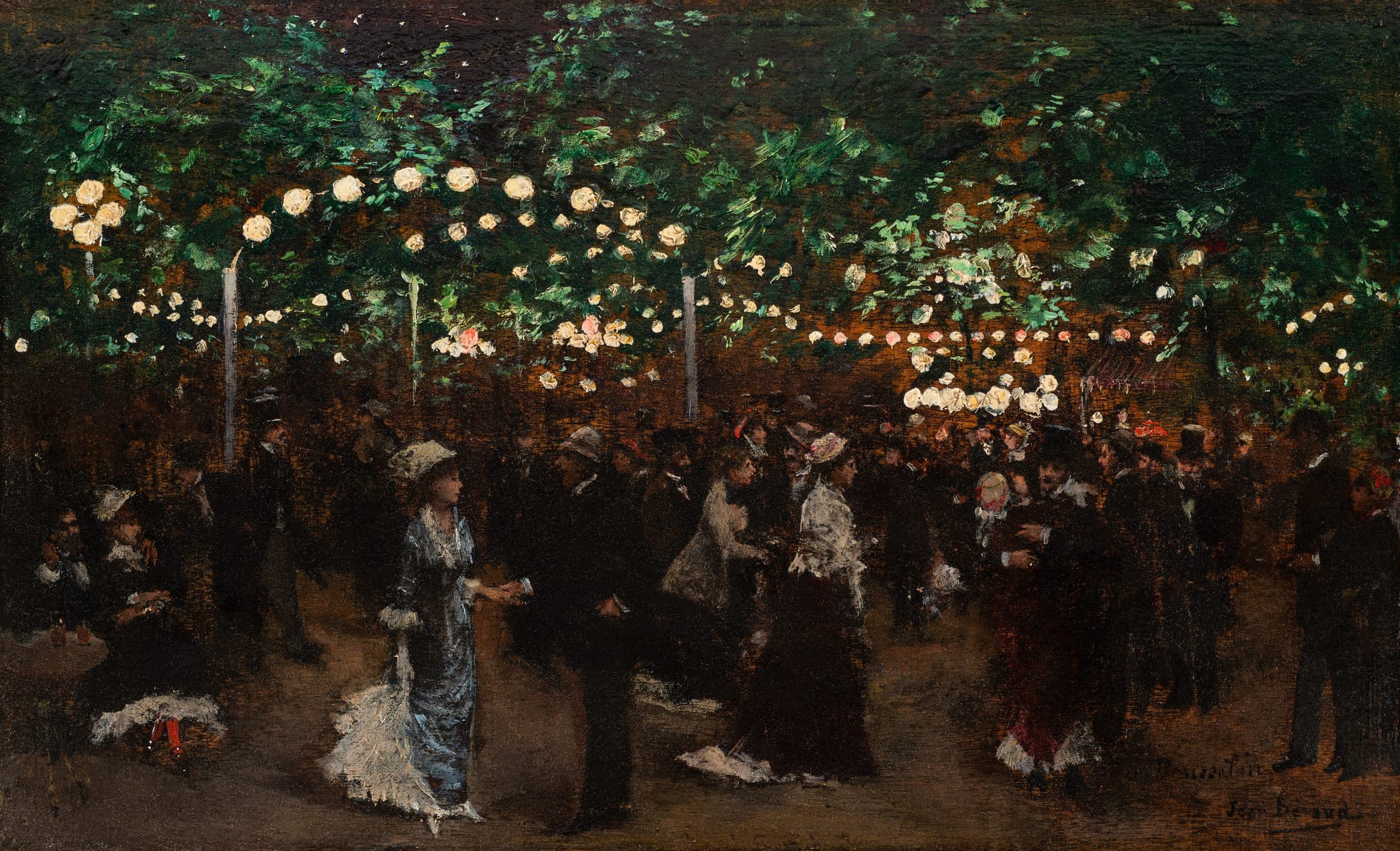 A lively outdoor evening scene shows people dressed in formal 19th-century attire socializing and dancing under strings of glowing lights, surrounded by trees. The atmosphere is festive and illuminated by the hanging lanterns.