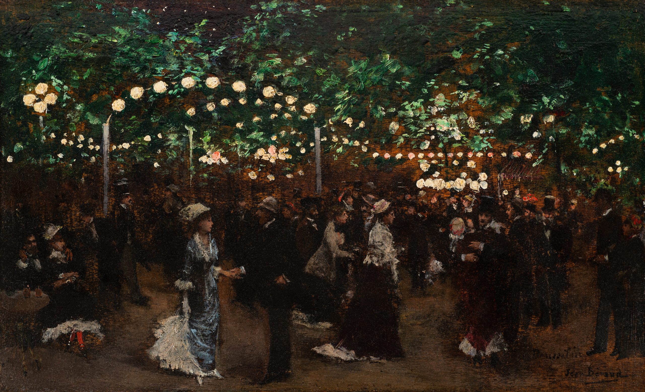 A lively outdoor evening scene shows people dressed in formal 19th-century attire socializing and dancing under strings of glowing lights, surrounded by trees. The atmosphere is festive and illuminated by the hanging lanterns.
