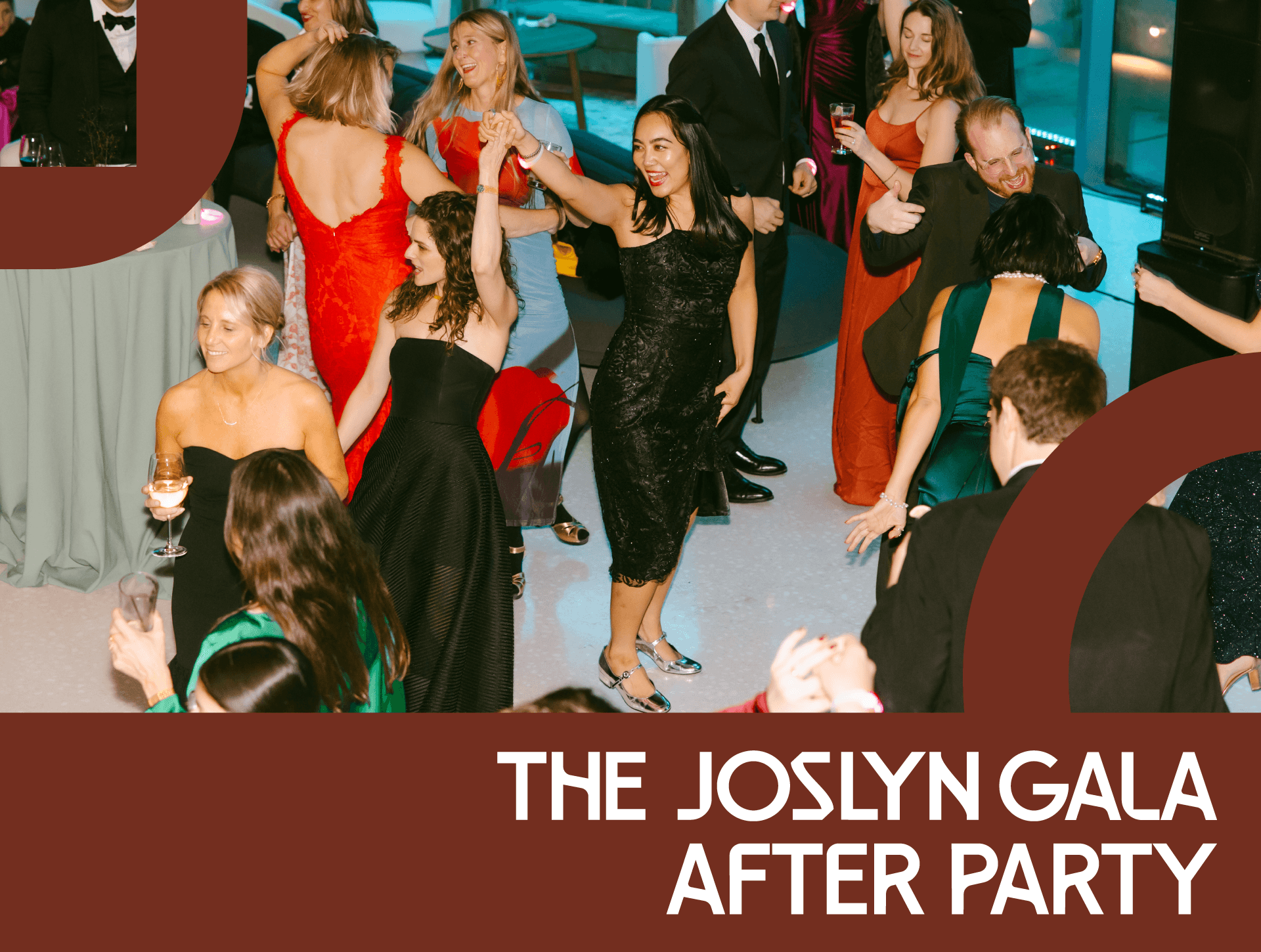 A group of people in formal attire dance and celebrate at an indoor event. The atmosphere is lively, with guests smiling and mingling. Large text reads "The Joslyn Gala After Party" on the bottom right.