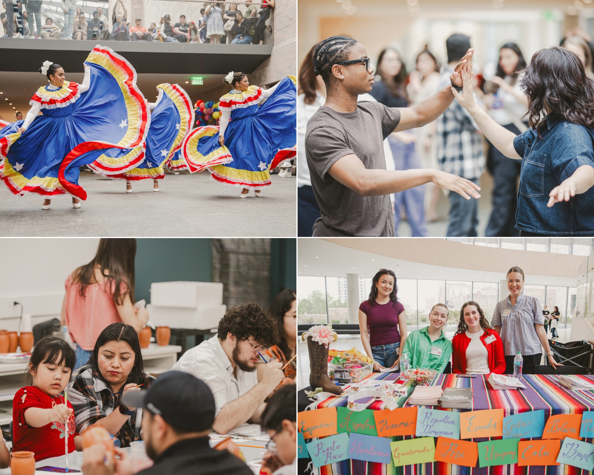 A collage shows: dancers in blue traditional dresses performing, a couple dancing together, people painting crafts at a table, and a group smiling behind a colorful table with country name cards.