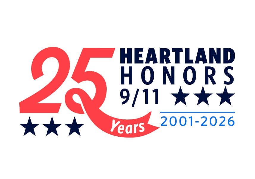 Red and blue logo reads “25 Years HEARTLAND HONORS 9/11 2001-2026” with five blue stars, marking the 25th anniversary of the 9/11 event.