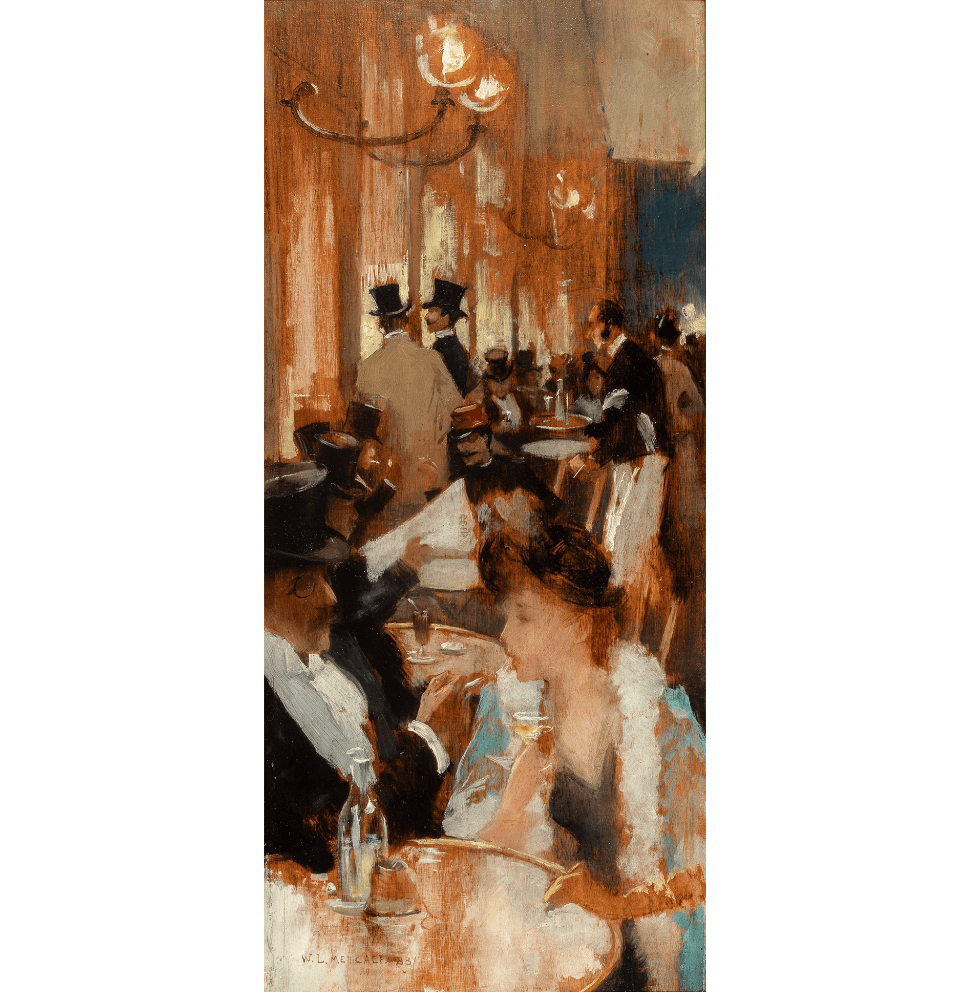 A painting depicts an elegant café scene with well-dressed men in top hats and women in fine dresses, sitting at tables and socializing under warm lighting.