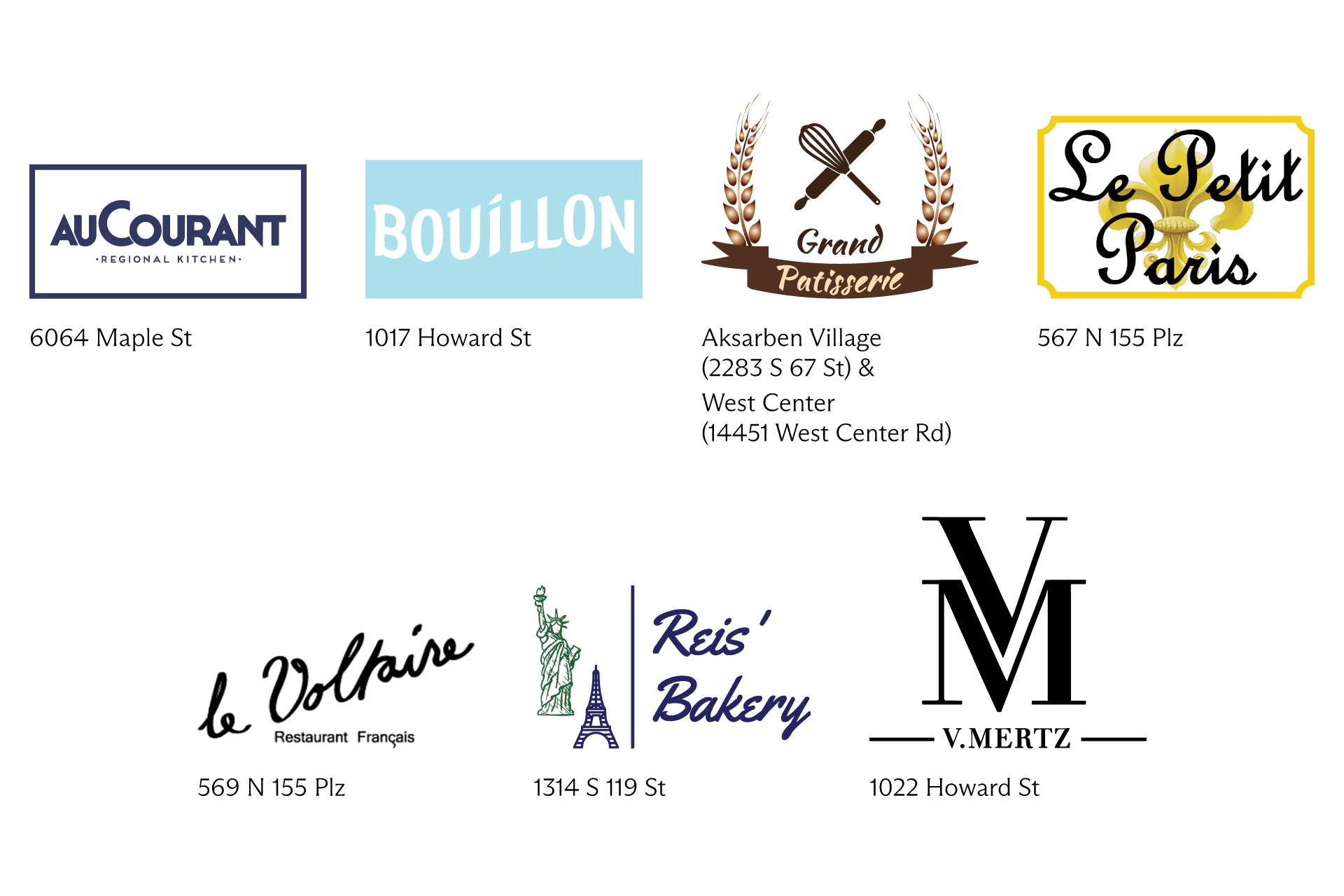 Logos and addresses of seven bakeries and cafes, each with unique designs, including names like au Courant, Bouillon, Grand Patisserie, Le Petit Paris, le Voltaire, Reis’ Bakery, and V. Mertz.