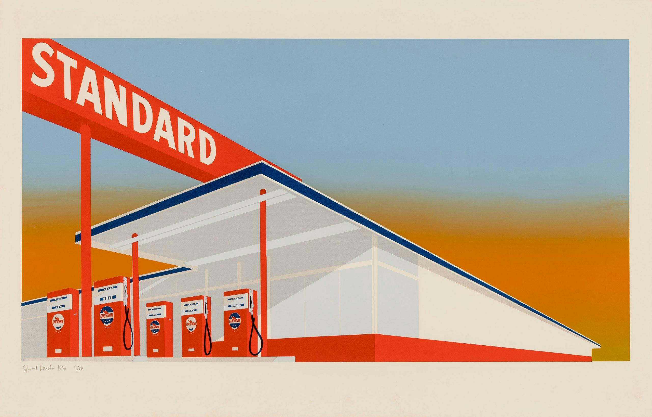 A pop art-style image depicts a bright, minimalist gas station under a clear sky. The station features prominent "STANDARD" branding in bold red letters on a white and blue canopy. Four gas pumps with retro designs stand beneath the canopy.