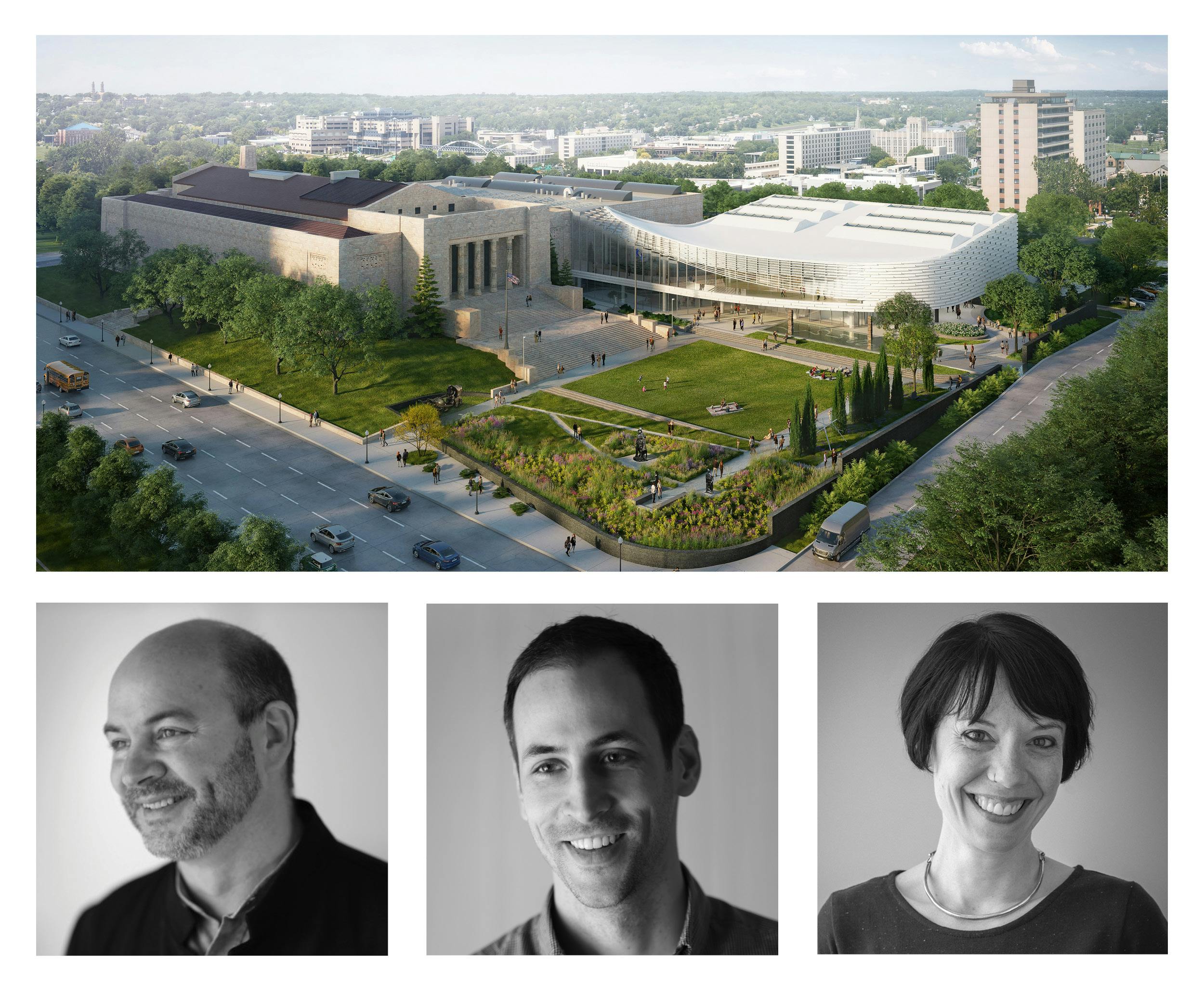An aerial view of a modern, expansive architectural complex surrounded by greenery occupies the top portion of the image. The bottom portion shows three black-and-white headshot photos of a smiling man with a beard, another smiling man, and a smiling woman.