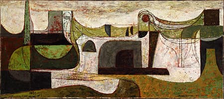 Abstract painting with a mix of earthy tones, featuring shapes reminiscent of hills, bridges, and architectural structures. The composition includes curved lines, arches, and intersecting forms, blending green, brown, and white colors with scattered red details.