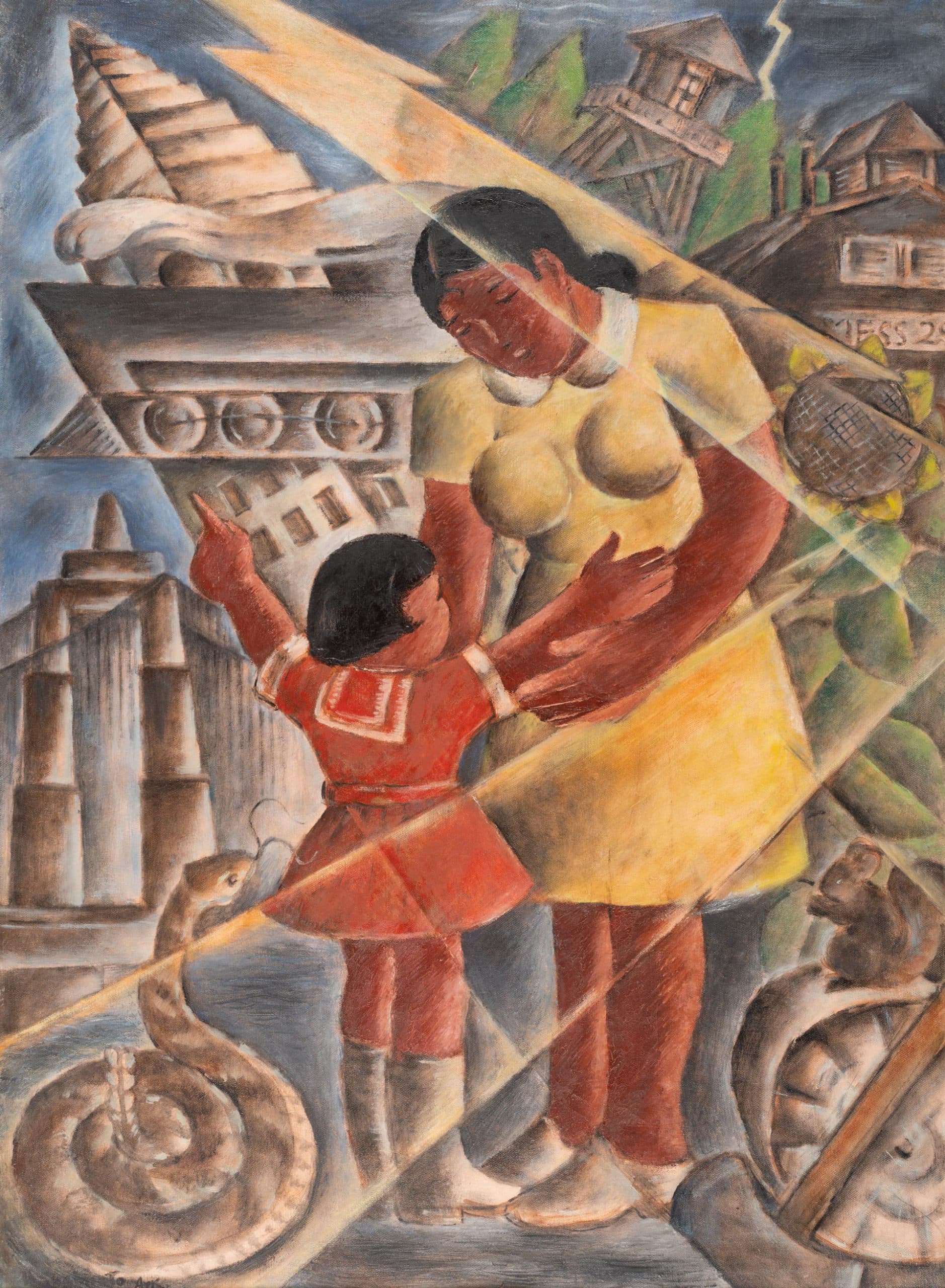 A mother and child embrace in the center. Surrounding them are dynamic elements like a snake, gears, lightning, and buildings. The art is vibrant, with diagonal lines and a mix of natural and industrial imagery, suggesting a theme of protection amidst chaos.