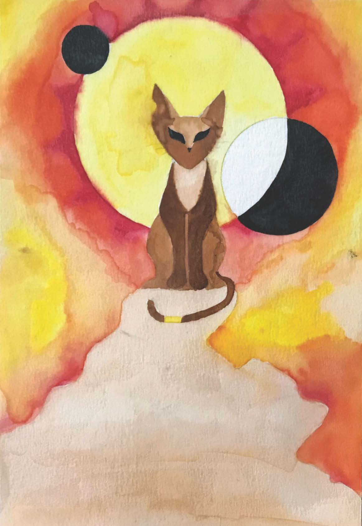 A watercolor painting of a brown cat with large, dark eyes, sitting on a light-colored rock. Behind the cat are abstract, colorful swirls in shades of yellow, orange, and red, resembling a cosmic scene with a yellow sun and two black celestial bodies, one partially eclipsed.