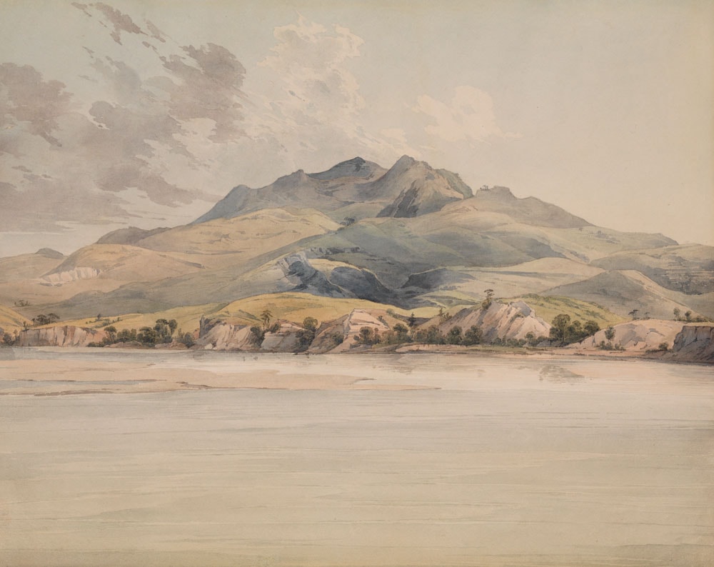 A serene watercolor painting depicts a mountainous landscape with gentle slopes and lush greenery. The mountains are bathed in soft light under a partially cloudy sky, while a calm body of water lies in the foreground, reflecting the tranquility of the scene.